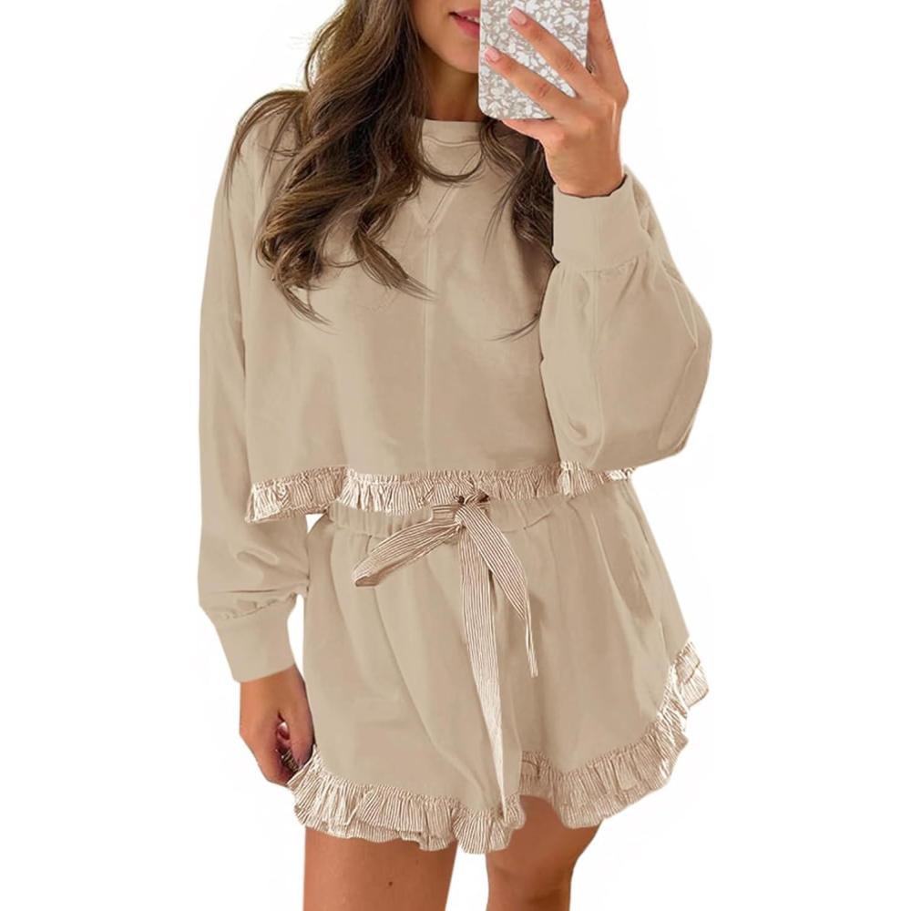 image:imageFisoew Womens 2 Piece Lounge Sets Color Block Ruffle Cropped Sweatshirts Loose Drawstring Waist Shorts SweatsuitsKhaki