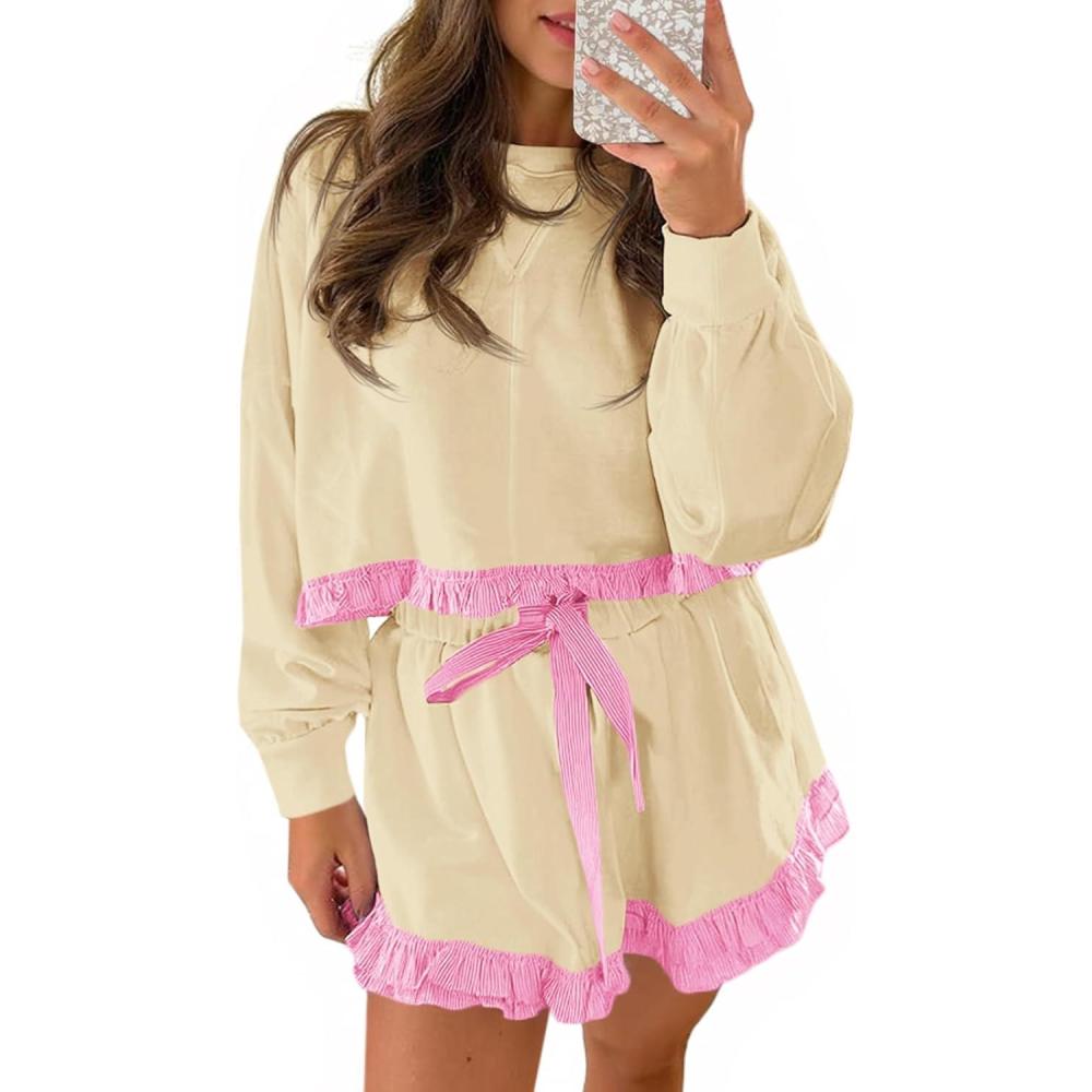 image:imageFisoew Womens 2 Piece Lounge Sets Color Block Ruffle Cropped Sweatshirts Loose Drawstring Waist Shorts SweatsuitsLight Yellow