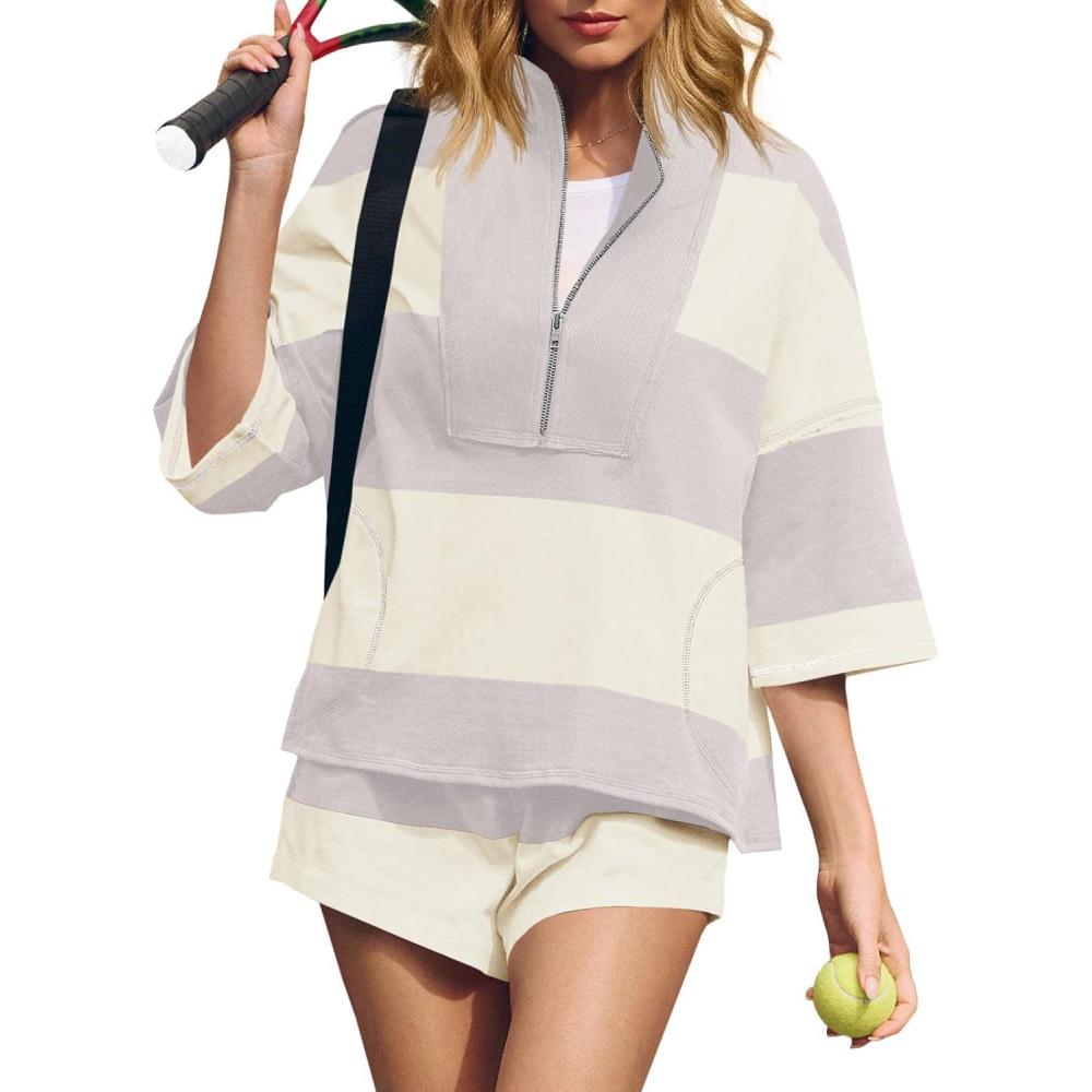 image:imageFisoew Womens 2 Piece Outfits Summer Striped Sweatshirt Workout Shorts Sets Matching Lounge Set TracksuitsApricot