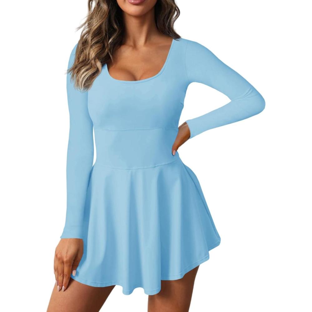 image:imageFisoew Womens 2in1 Athletic Tennis Golf Dress Long Sleeve Underneath Workout Active Dresses with Builtin ShortsSky Blue