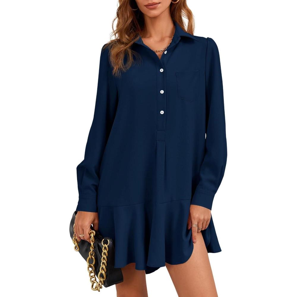 image:imageFisoew Womens Casual Button Down Shirt Dress Long Sleeve Collared Pleated Swing Mini DressesNavy