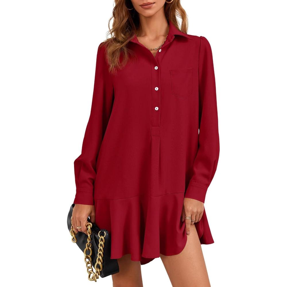 image:imageFisoew Womens Casual Button Down Shirt Dress Long Sleeve Collared Pleated Swing Mini DressesRed