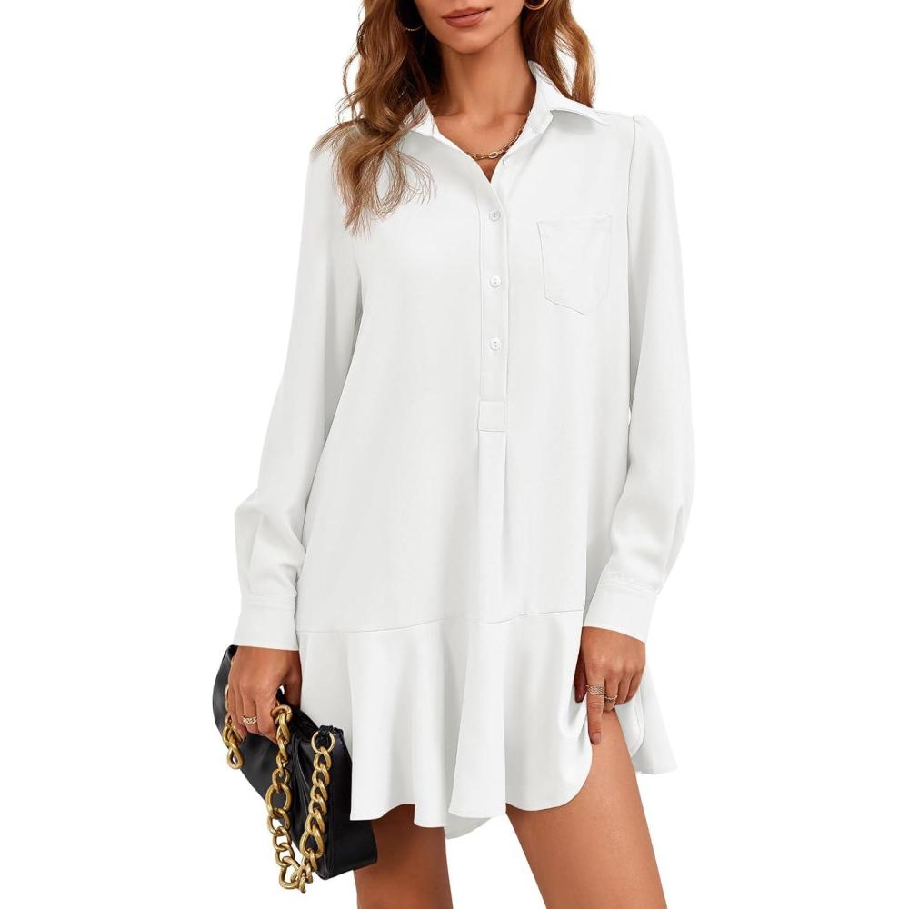 image:imageFisoew Womens Casual Button Down Shirt Dress Long Sleeve Collared Pleated Swing Mini DressesWhite