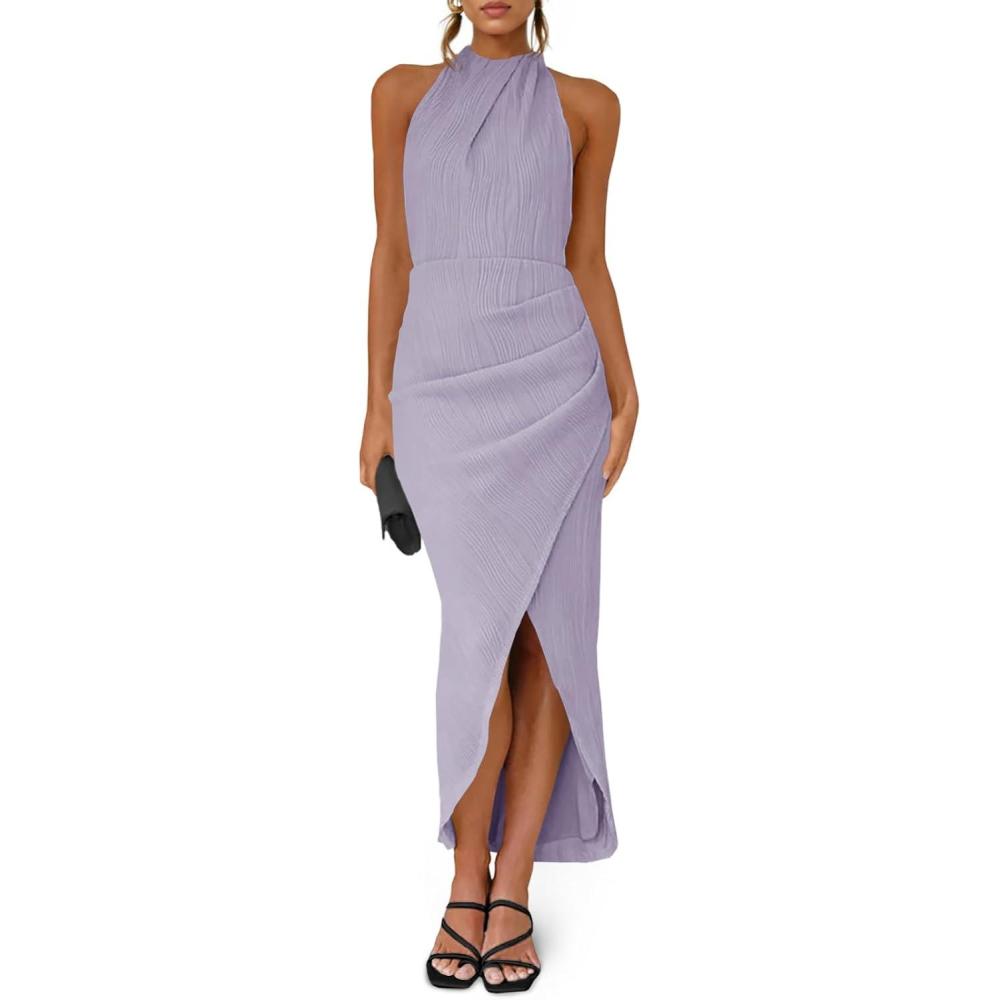 image:imageFisoew Womens Halter Neck Party Dress Sleeveless Slit Textured Backless Sim Fit Ruched Sexy Midi Cocktail DressesLight Purple