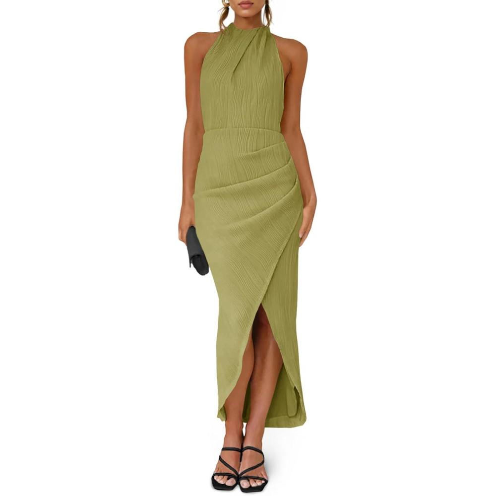 image:imageFisoew Womens Halter Neck Party Dress Sleeveless Slit Textured Backless Sim Fit Ruched Sexy Midi Cocktail DressesOlive Green