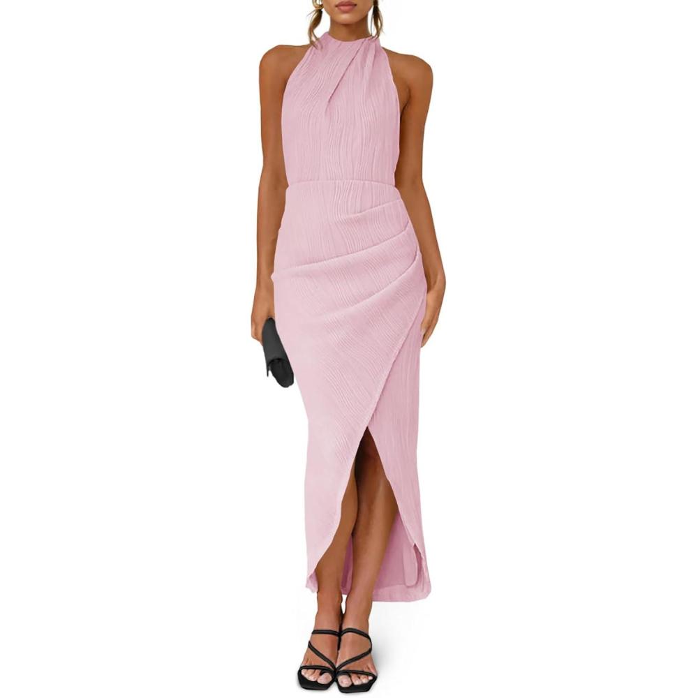 image:imageFisoew Womens Halter Neck Party Dress Sleeveless Slit Textured Backless Sim Fit Ruched Sexy Midi Cocktail DressesPink