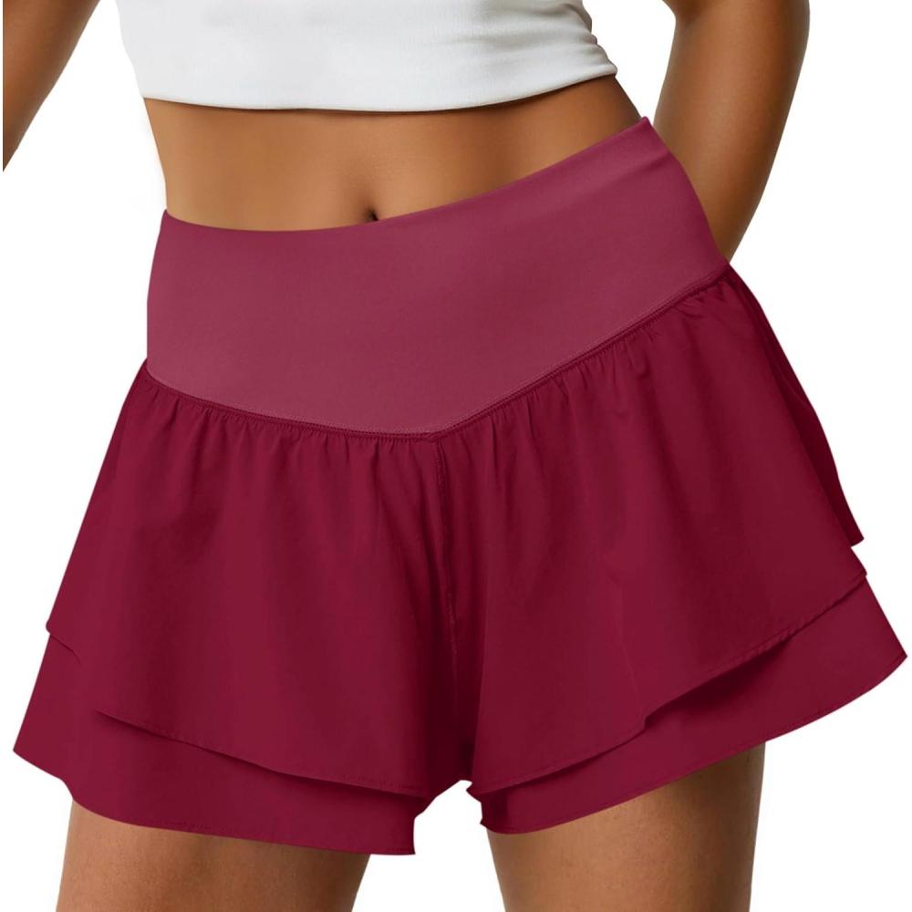 image:imageFisoew Womens High Waisted Athletic Shorts Ruffle Tiered Running Workout Tennis Shorts with Build in ShortsBurgundy