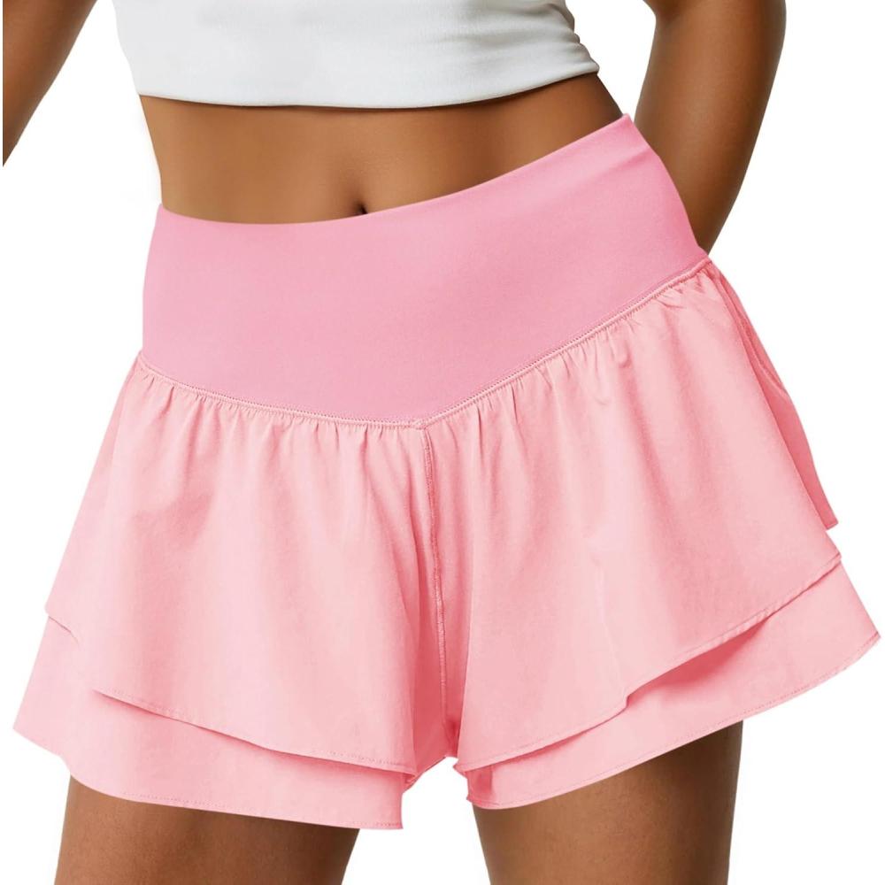 image:imageFisoew Womens High Waisted Athletic Shorts Ruffle Tiered Running Workout Tennis Shorts with Build in ShortsPink