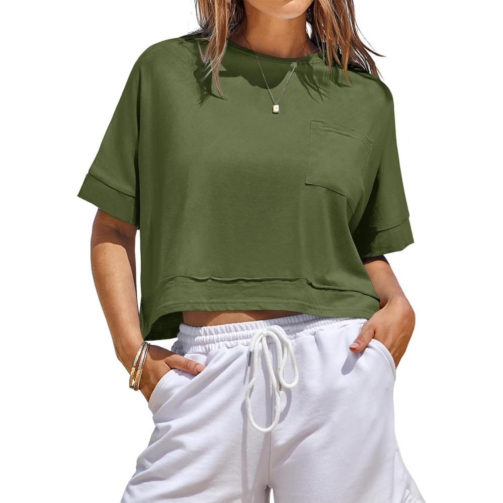 image:imageFisoew Womens Oversized Crop Tops Workout Short Sleeve T Shirts Summer Casual Loose Fit Basic Tee Shirts with PocketsArmy Green