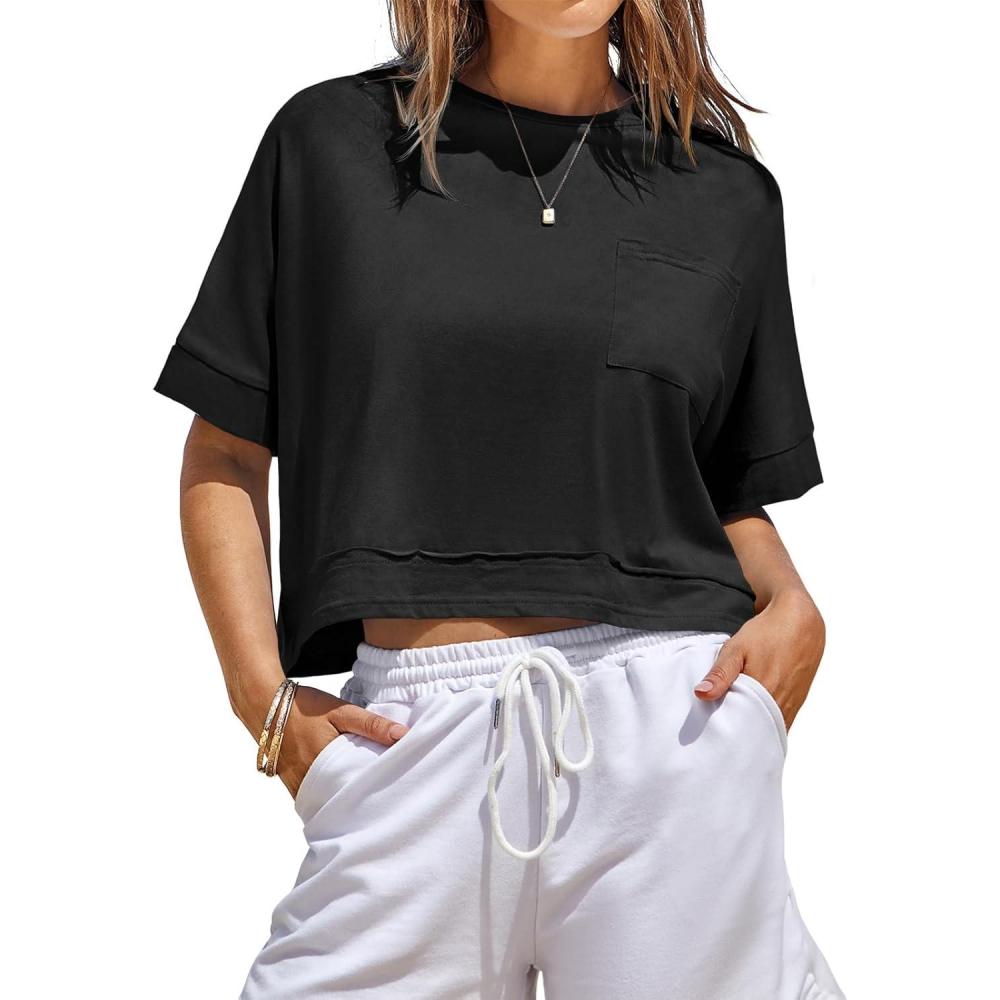 image:imageFisoew Womens Oversized Crop Tops Workout Short Sleeve T Shirts Summer Casual Loose Fit Basic Tee Shirts with PocketsBlack
