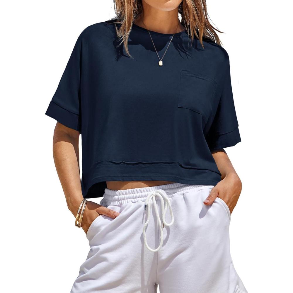 image:imageFisoew Womens Oversized Crop Tops Workout Short Sleeve T Shirts Summer Casual Loose Fit Basic Tee Shirts with PocketsDark Blue