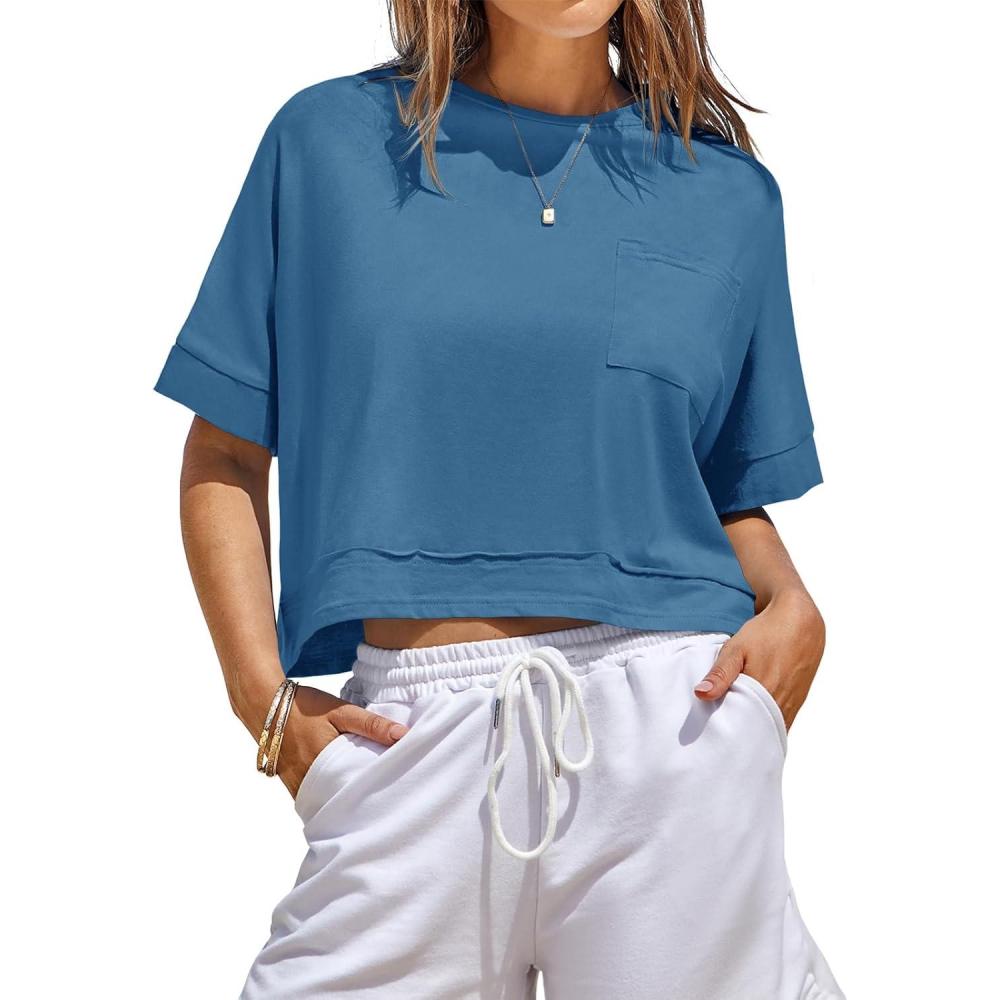 image:imageFisoew Womens Oversized Crop Tops Workout Short Sleeve T Shirts Summer Casual Loose Fit Basic Tee Shirts with PocketsNavy