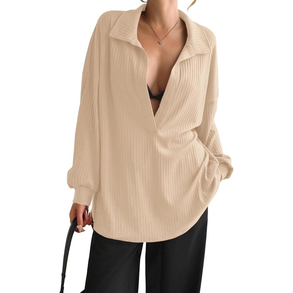 image:imageFisoew Womens Oversized Deep V Neck Sweatshirts Casual Collared Long Sleeve Ribbed Knit Pullover TopsKhaki