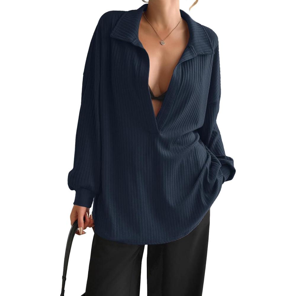 image:imageFisoew Womens Oversized Deep V Neck Sweatshirts Casual Collared Long Sleeve Ribbed Knit Pullover TopsNavy