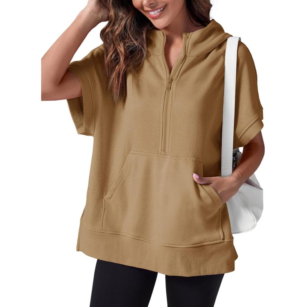 image:imageFisoew Womens Oversized Half Zip Hoodies Short Sleeve Casual Sweatshirts Pullover Tops with PocketsDark Khaki