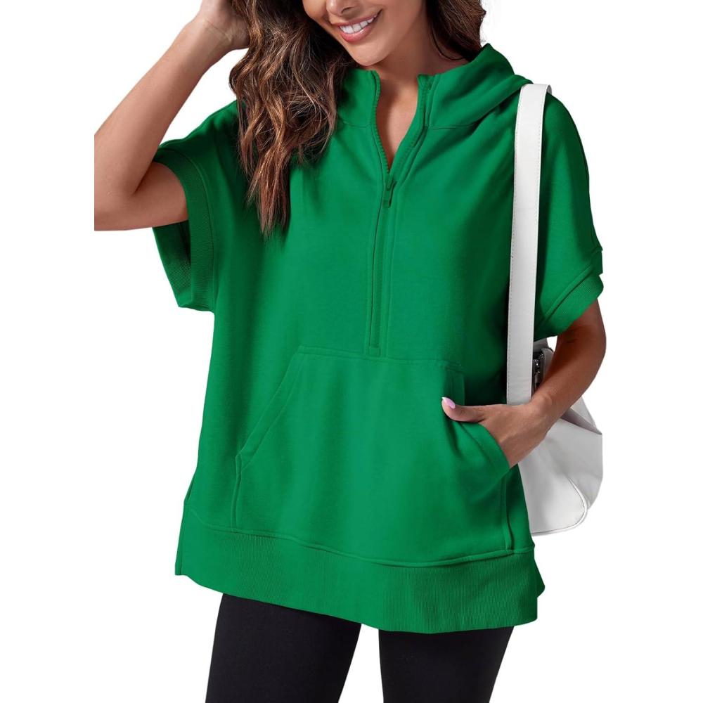 image:imageFisoew Womens Oversized Half Zip Hoodies Short Sleeve Casual Sweatshirts Pullover Tops with PocketsGreen