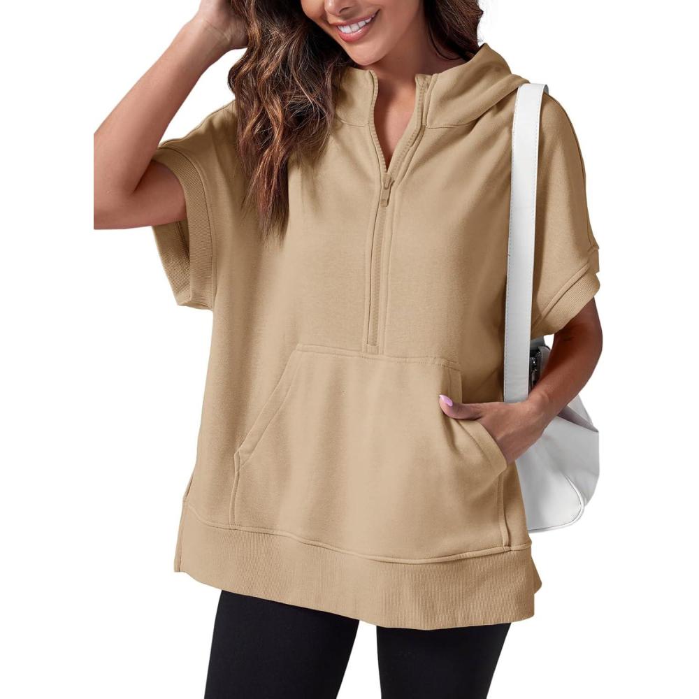 image:imageFisoew Womens Oversized Half Zip Hoodies Short Sleeve Casual Sweatshirts Pullover Tops with PocketsKhaki