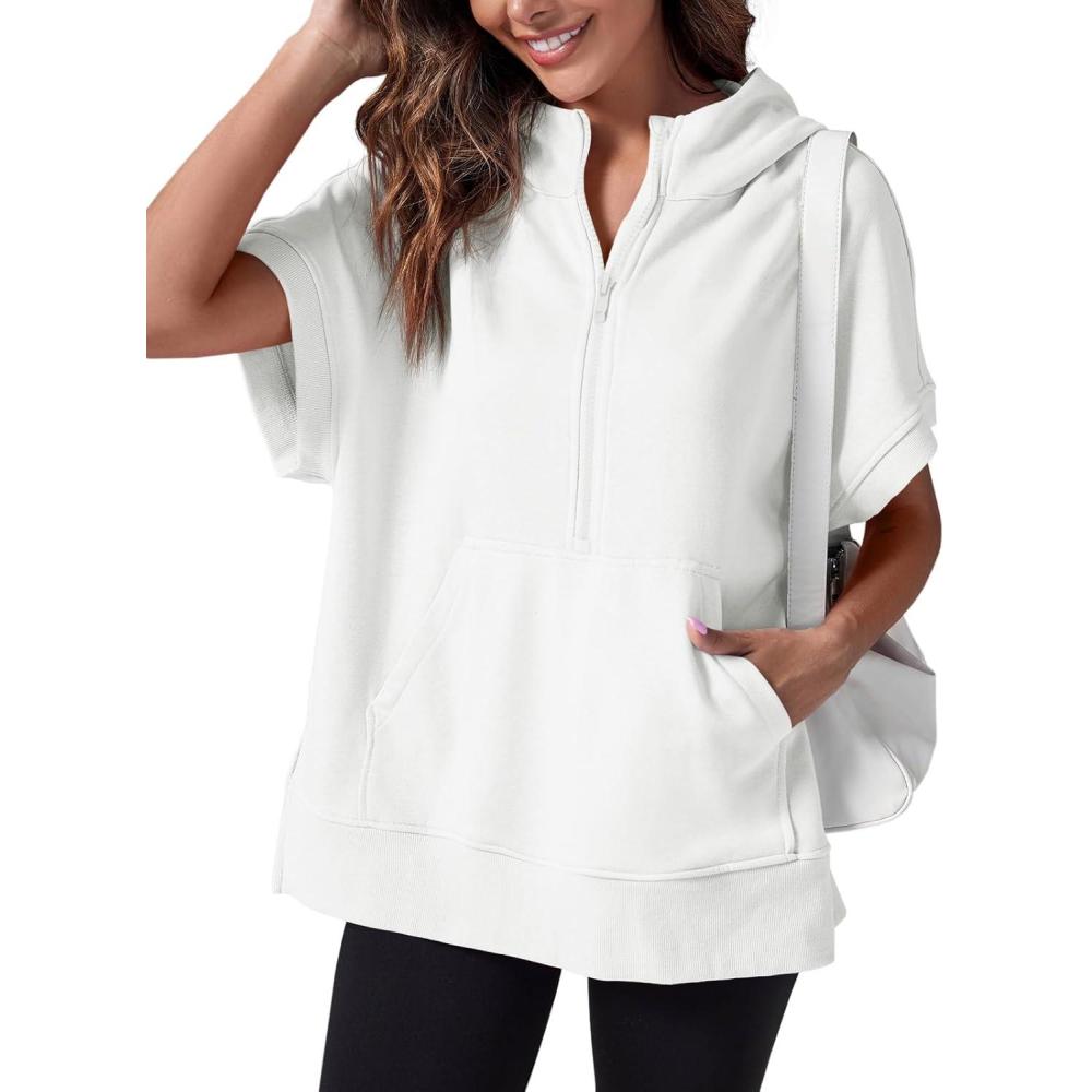 image:imageFisoew Womens Oversized Half Zip Hoodies Short Sleeve Casual Sweatshirts Pullover Tops with PocketsWhite