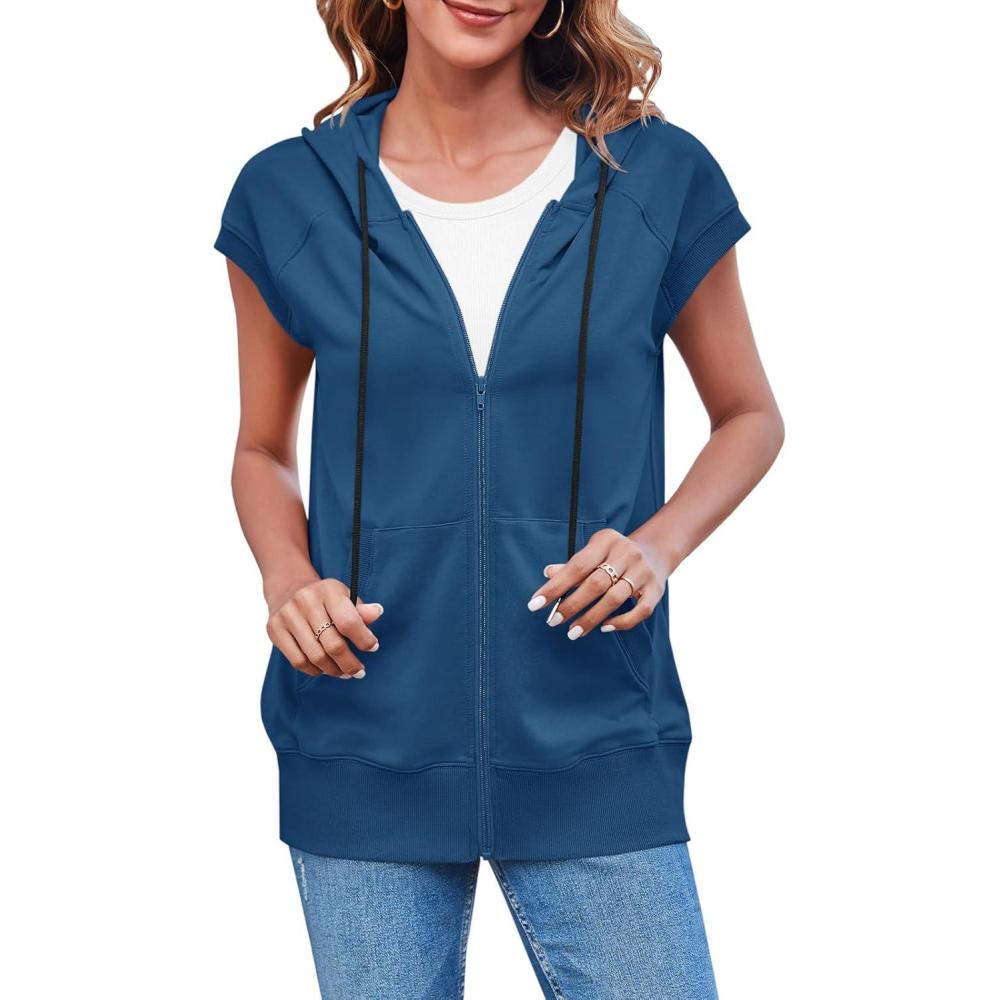 image:imageFisoew Womens Sleeveless Zip Up Hoodies Casual Loose Fit Drawstring Sweatshirts Lightweight Jackets Vest with PocketsNavy