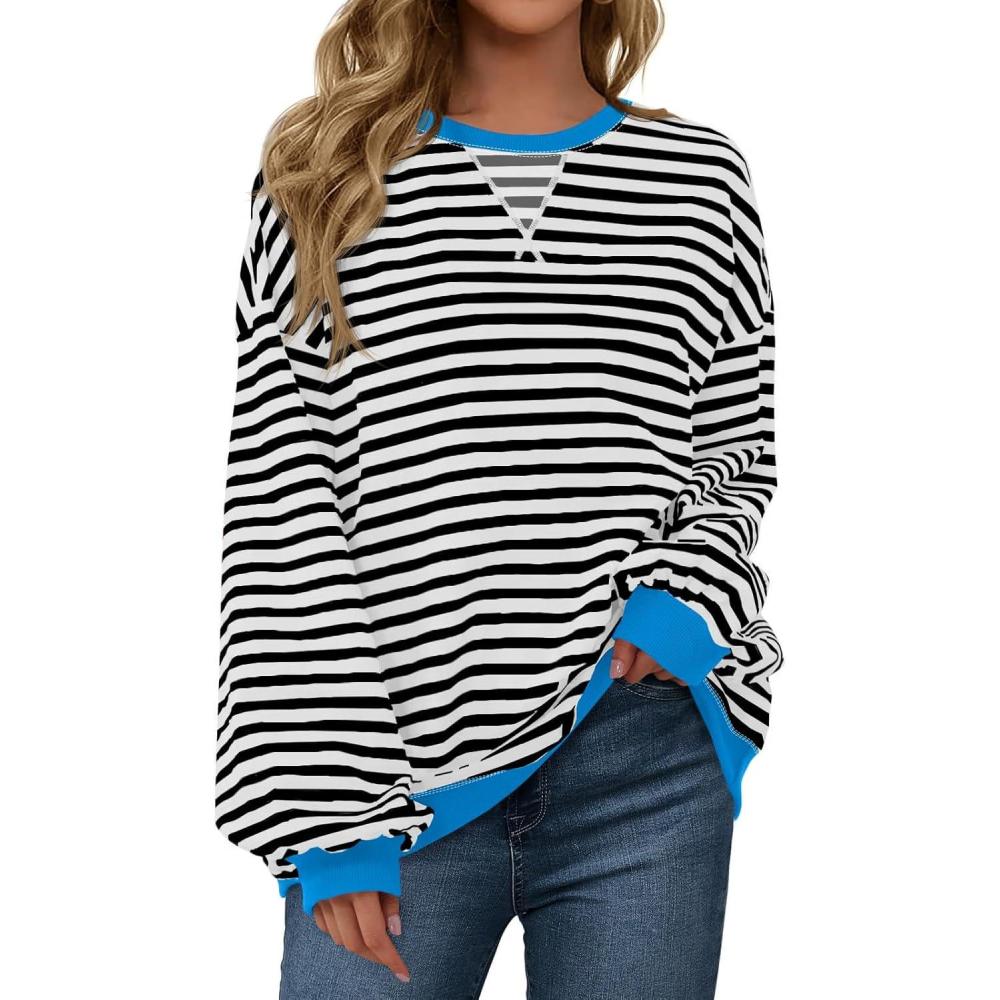 image:imageFisoew Womens Striped Oversized Sweatshirt Color Block Crew Neck Long Sleeve Shirt Casual Loose Pullover Top Y2K ClothesBlack