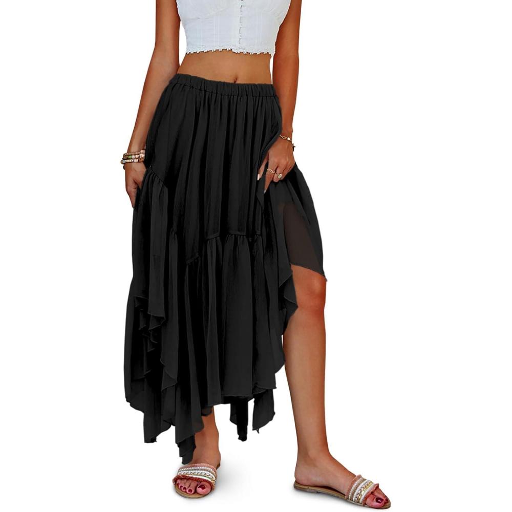 image:imageFisoew Womens Summer Boho Maxi Skirt Casual Asymmetric HighLow Hem Flowy Bohemia Long SkirtBlack