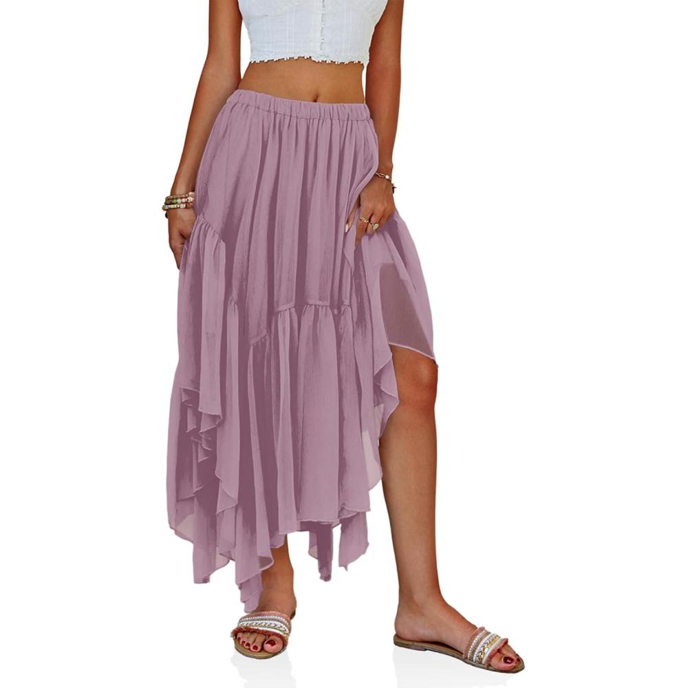 image:imageFisoew Womens Summer Boho Maxi Skirt Casual Asymmetric HighLow Hem Flowy Bohemia Long SkirtPurple