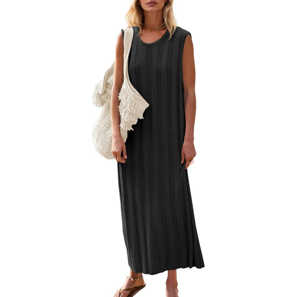 image:imageFisoew Womens Summer Sleeveless Maxi Dress Scoop Neck Ribbed Knit Tank Top DressesBlack