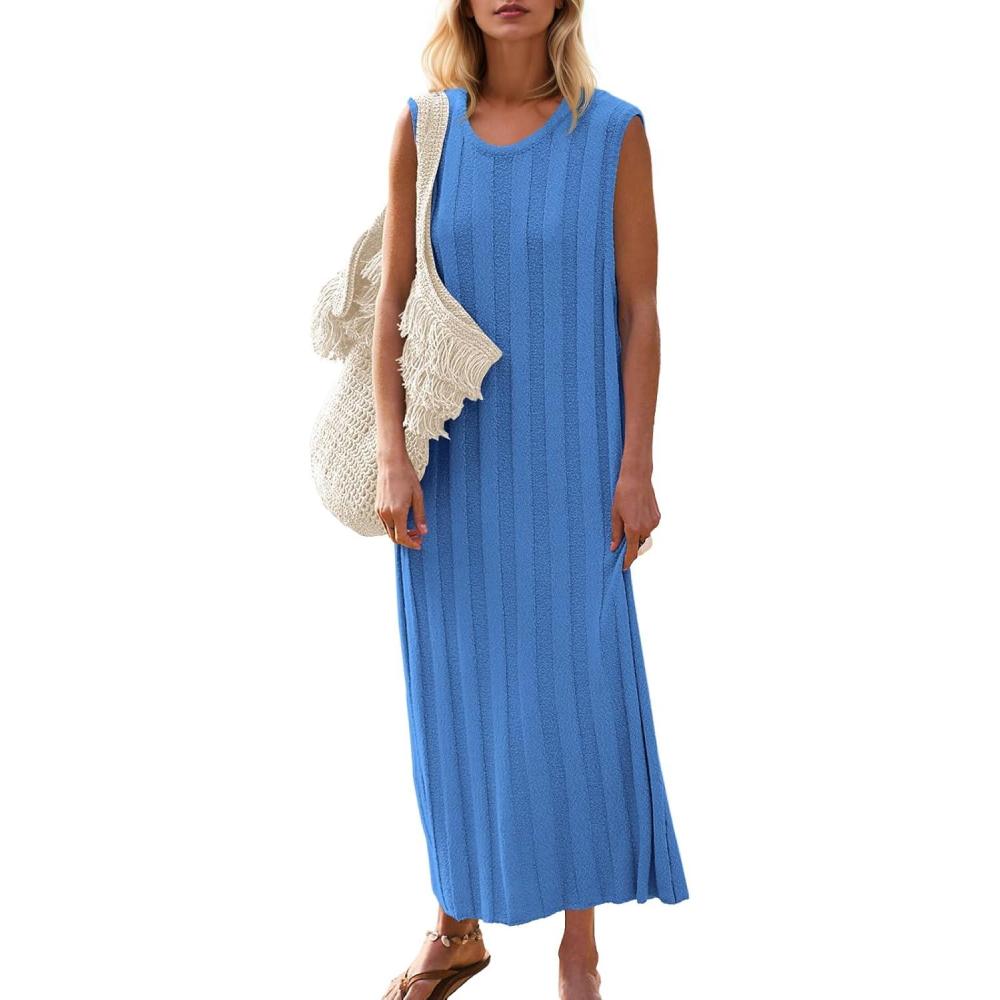 image:imageFisoew Womens Summer Sleeveless Maxi Dress Scoop Neck Ribbed Knit Tank Top DressesBlue