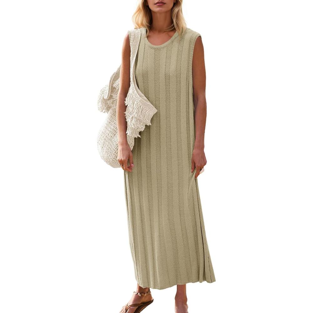 image:imageFisoew Womens Summer Sleeveless Maxi Dress Scoop Neck Ribbed Knit Tank Top DressesKhaki