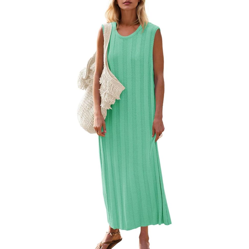 image:imageFisoew Womens Summer Sleeveless Maxi Dress Scoop Neck Ribbed Knit Tank Top DressesMint Green