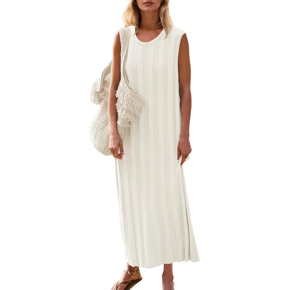 image:imageFisoew Womens Summer Sleeveless Maxi Dress Scoop Neck Ribbed Knit Tank Top DressesWhite
