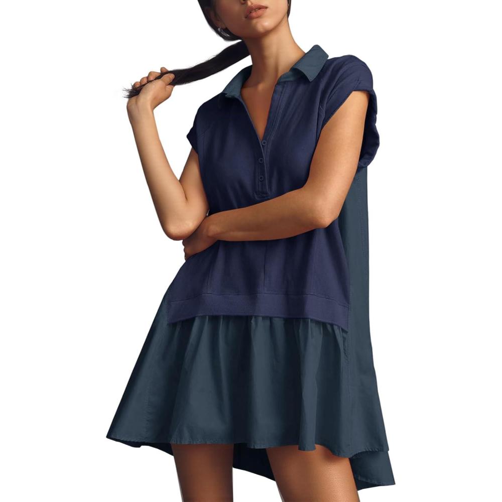image:imageFisoew Womens Summer Sweatshirt Dresses Short Sleeve V Neck Casual Oversized Patchwork Mini DressDark Blue