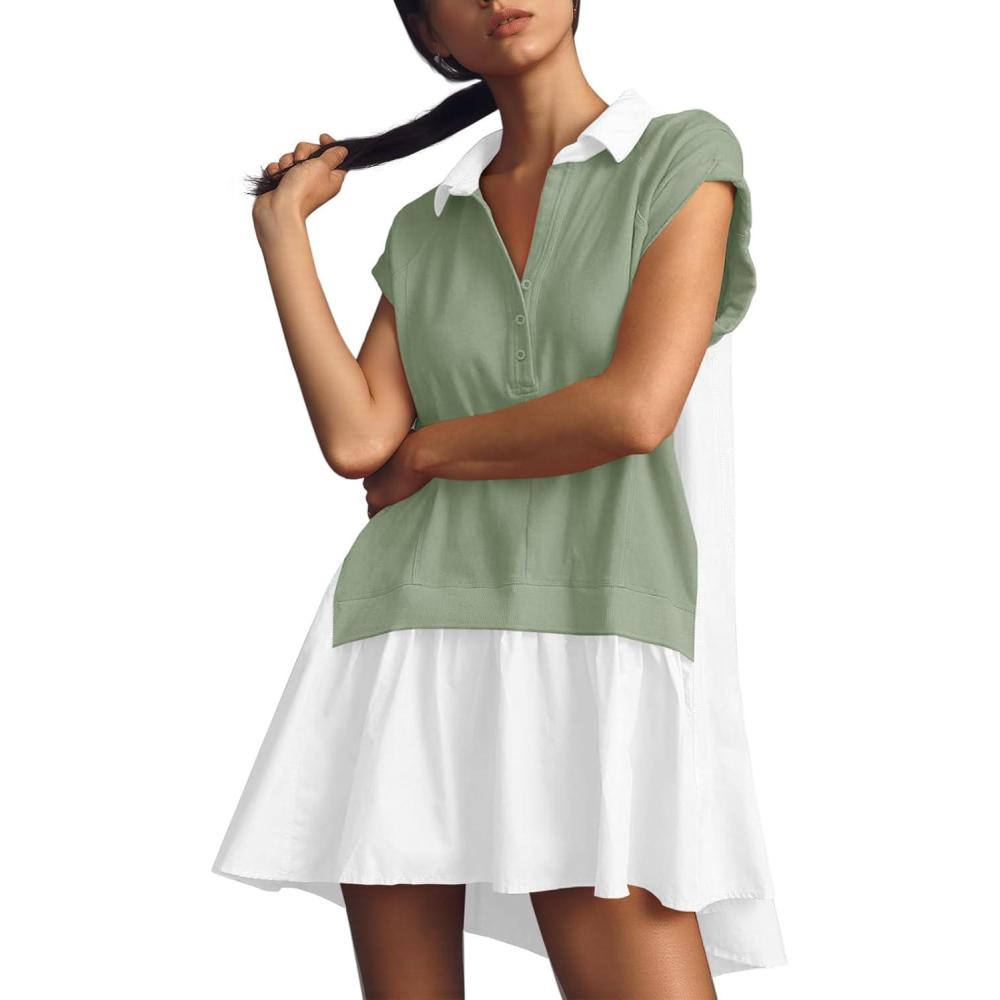 image:imageFisoew Womens Summer Sweatshirt Dresses Short Sleeve V Neck Casual Oversized Patchwork Mini DressGreen