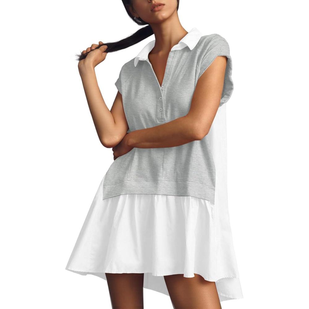 image:imageFisoew Womens Summer Sweatshirt Dresses Short Sleeve V Neck Casual Oversized Patchwork Mini DressGrey