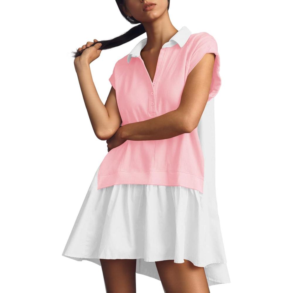 image:imageFisoew Womens Summer Sweatshirt Dresses Short Sleeve V Neck Casual Oversized Patchwork Mini DressLight Pink
