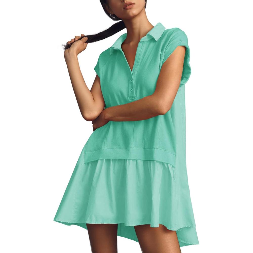 image:imageFisoew Womens Summer Sweatshirt Dresses Short Sleeve V Neck Casual Oversized Patchwork Mini DressMint