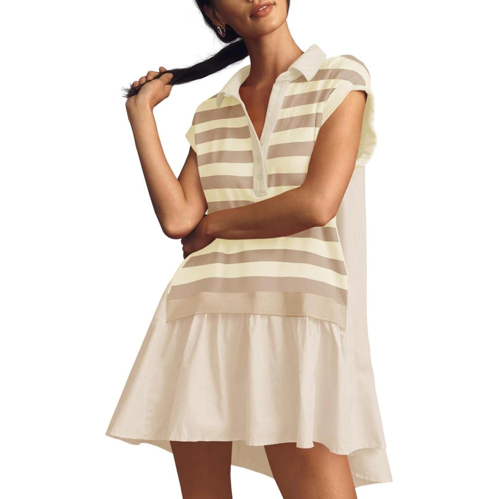 image:imageFisoew Womens Summer Sweatshirt Dresses Short Sleeve V Neck Casual Oversized Patchwork Mini DressPatternkhaki