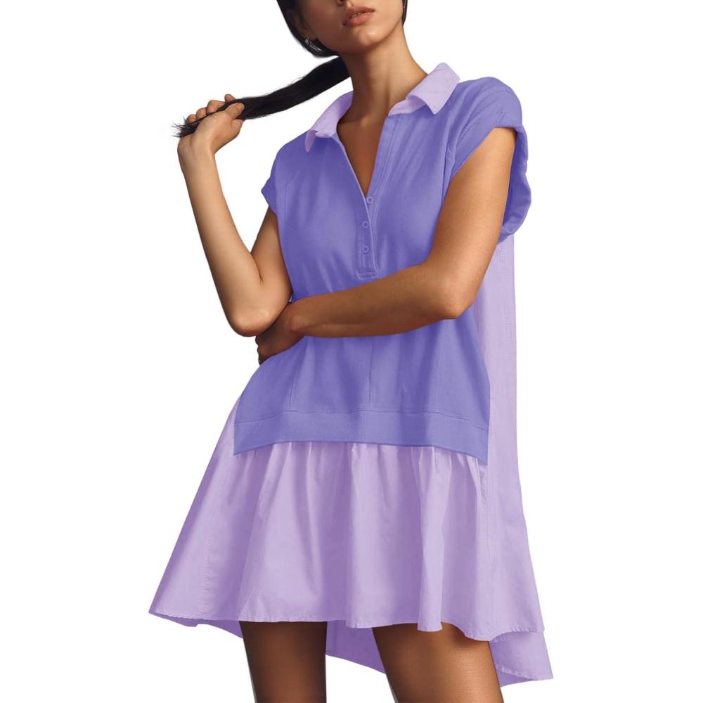 image:imageFisoew Womens Summer Sweatshirt Dresses Short Sleeve V Neck Casual Oversized Patchwork Mini DressViolet