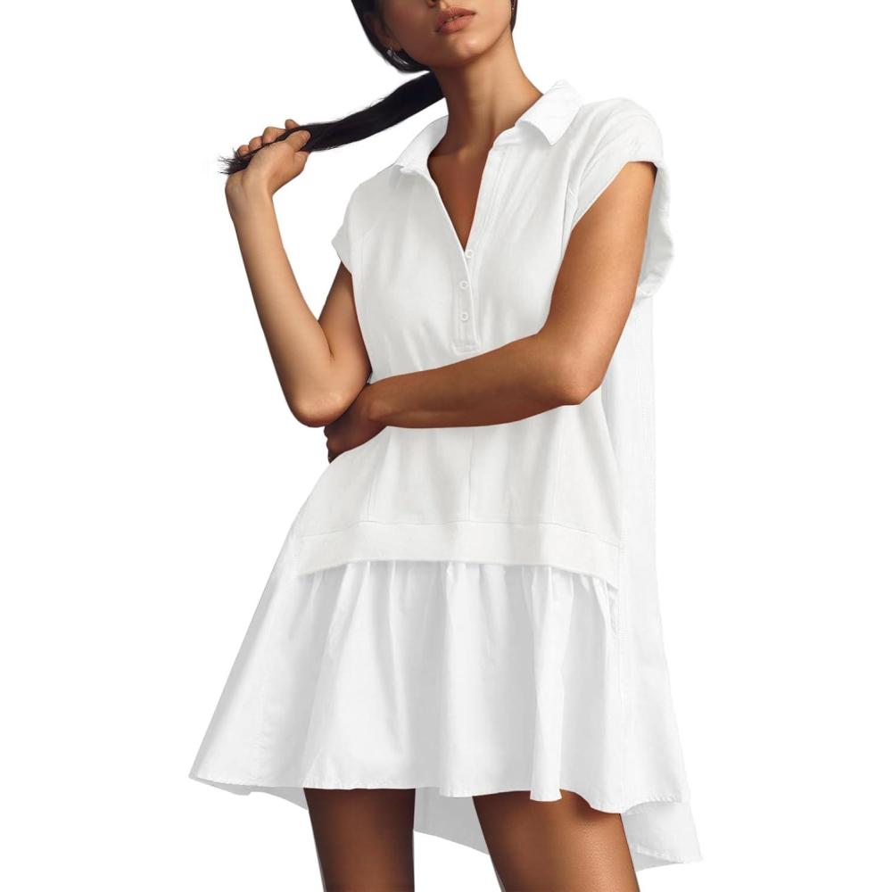 image:imageFisoew Womens Summer Sweatshirt Dresses Short Sleeve V Neck Casual Oversized Patchwork Mini DressWhite