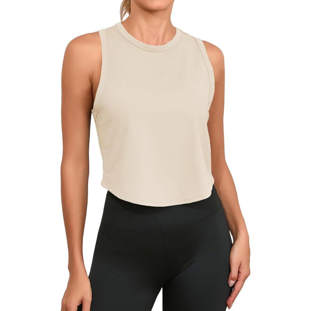 image:imageFisoew Womens Workout Cropped Tank Tops Racerback Sleeveless Crewneck Running Yoga Active ShirtsBeige