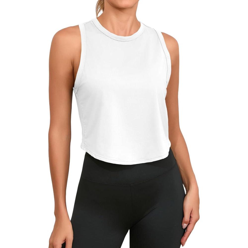 image:imageFisoew Womens Workout Cropped Tank Tops Racerback Sleeveless Crewneck Running Yoga Active ShirtsWhite