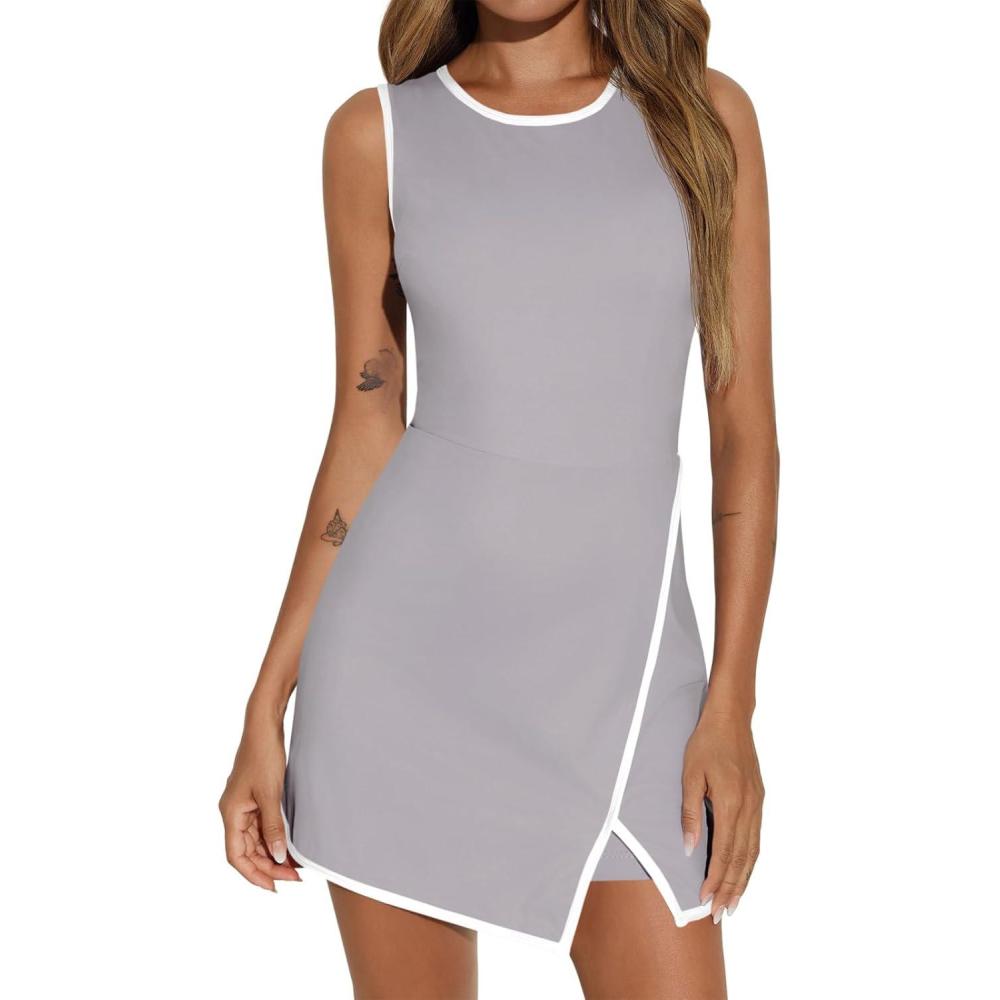 image:imageFisoew Womens Workout Tennis Dress with Builtin Bra amp Shorts Pockets Sleeveless Crewneck Golf Athletic Mini DressesGrey