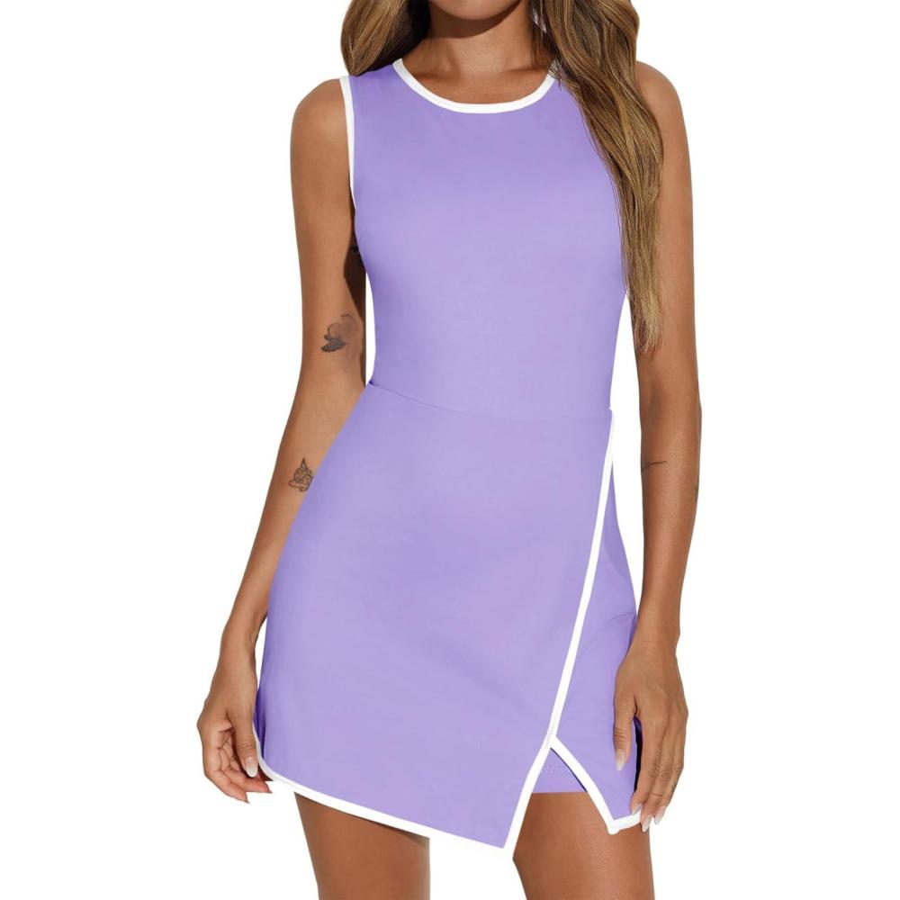 image:imageFisoew Womens Workout Tennis Dress with Builtin Bra amp Shorts Pockets Sleeveless Crewneck Golf Athletic Mini DressesViolet
