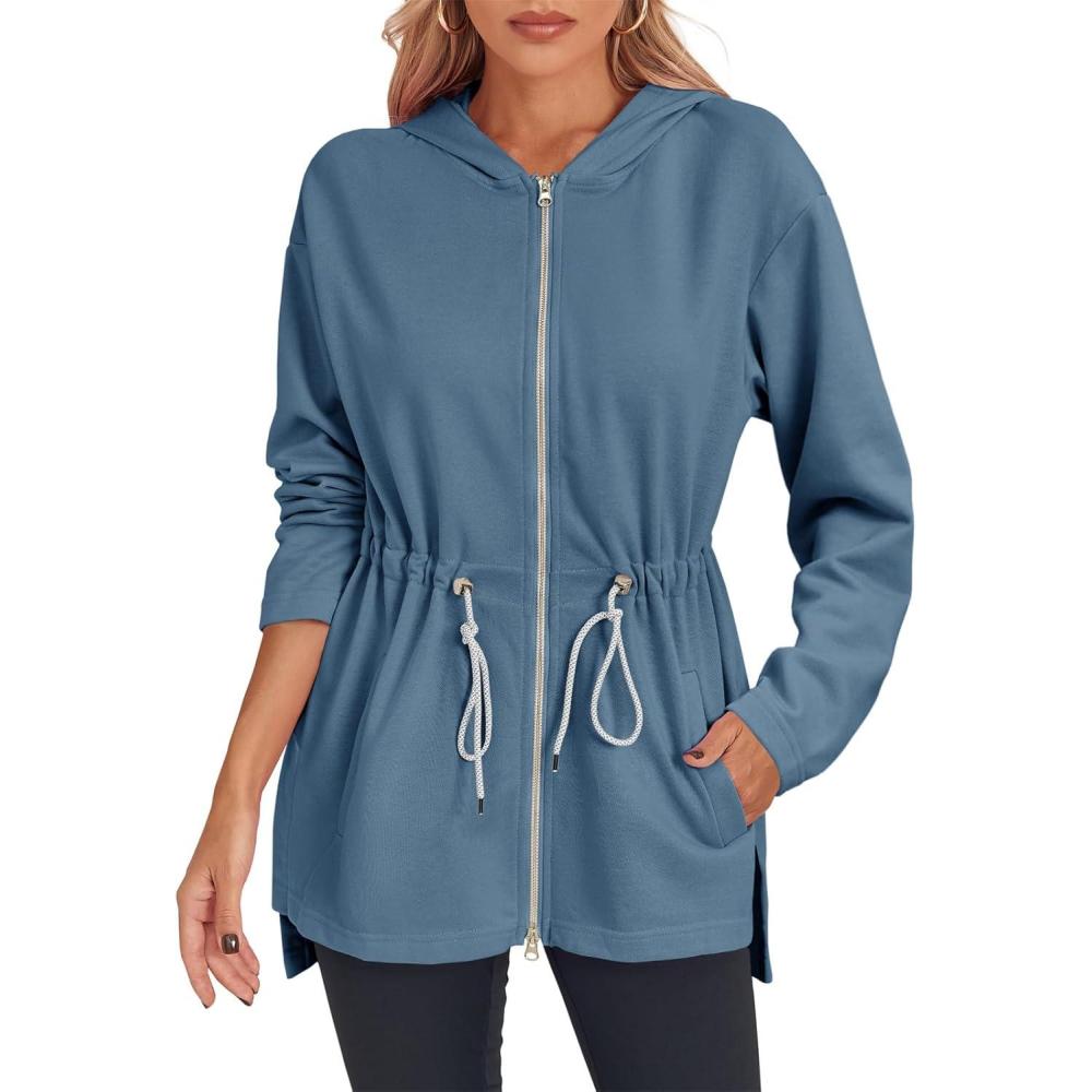image:imageFisoew Womens Zip Up Hoodie Sweatshirts Oversized Long Sleeve Casual Drawstring Waist Side Slit Tunic TopsBluish Gray