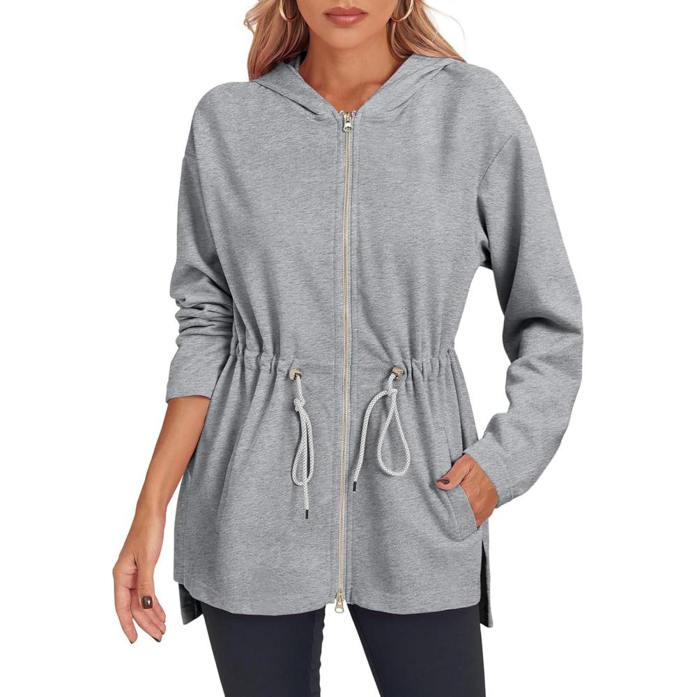 image:imageFisoew Womens Zip Up Hoodie Sweatshirts Oversized Long Sleeve Casual Drawstring Waist Side Slit Tunic TopsLight Grey
