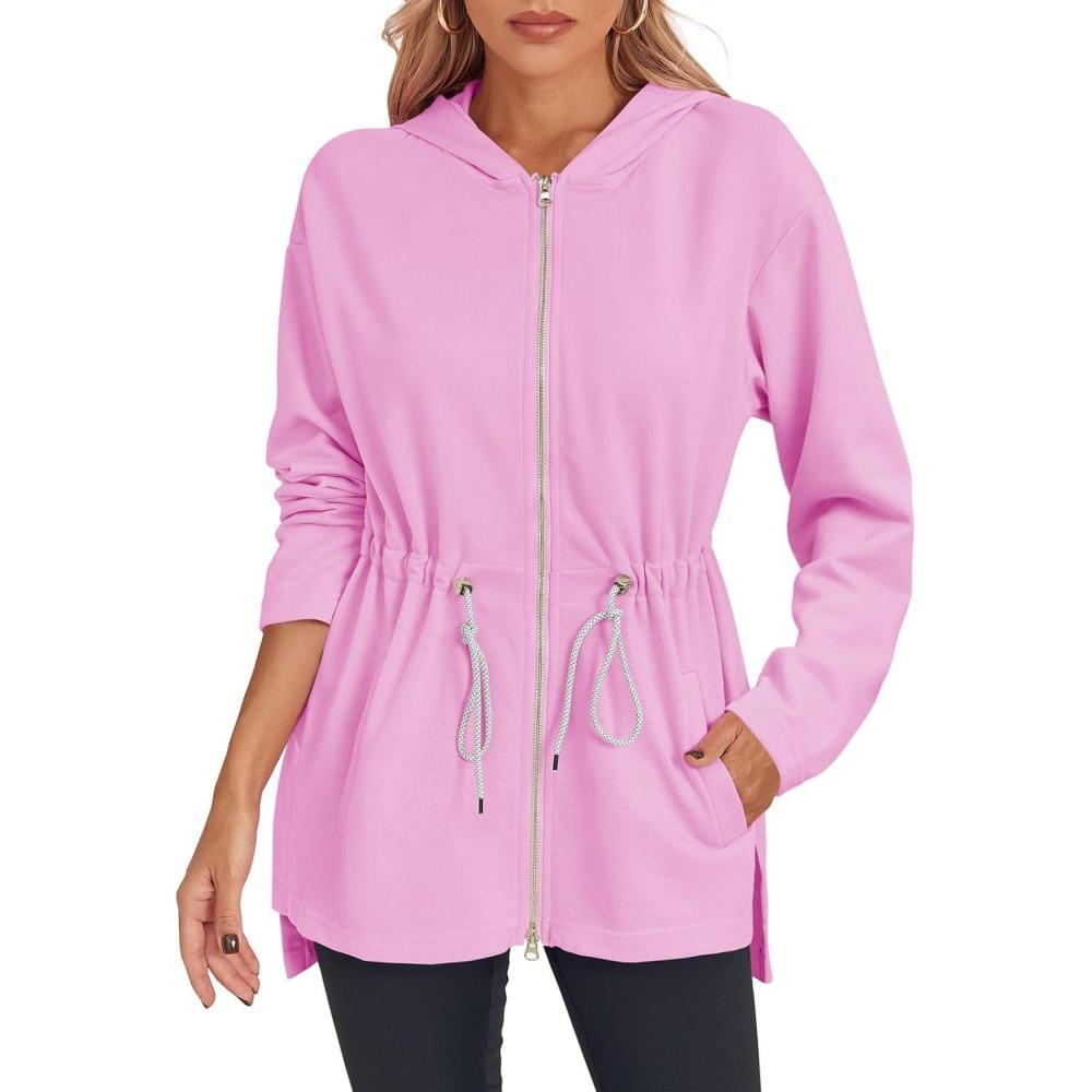 image:imageFisoew Womens Zip Up Hoodie Sweatshirts Oversized Long Sleeve Casual Drawstring Waist Side Slit Tunic TopsPink