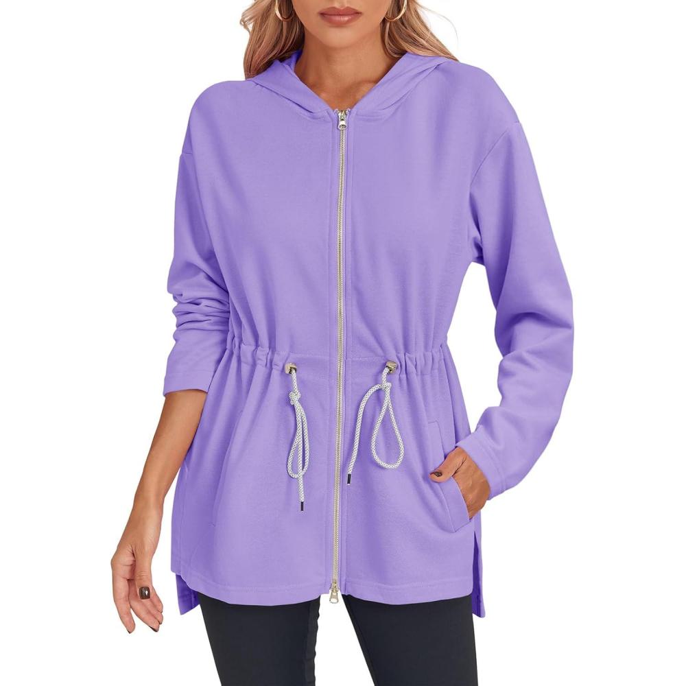 image:imageFisoew Womens Zip Up Hoodie Sweatshirts Oversized Long Sleeve Casual Drawstring Waist Side Slit Tunic TopsViolet
