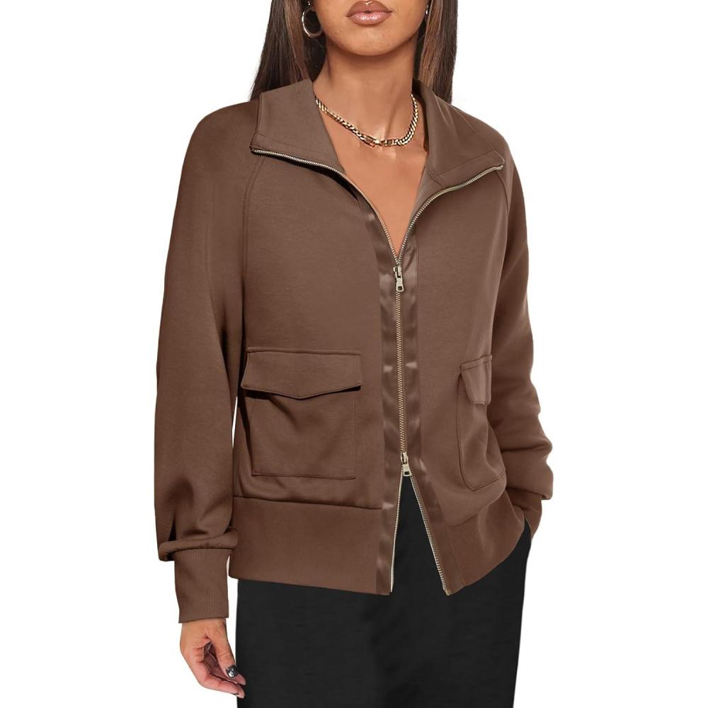 image:imageFisoew Womens Zip up Sweatshirt Collared Neck Long Sleeve Loose Casual Lightweight Jacket with PocketsBrown