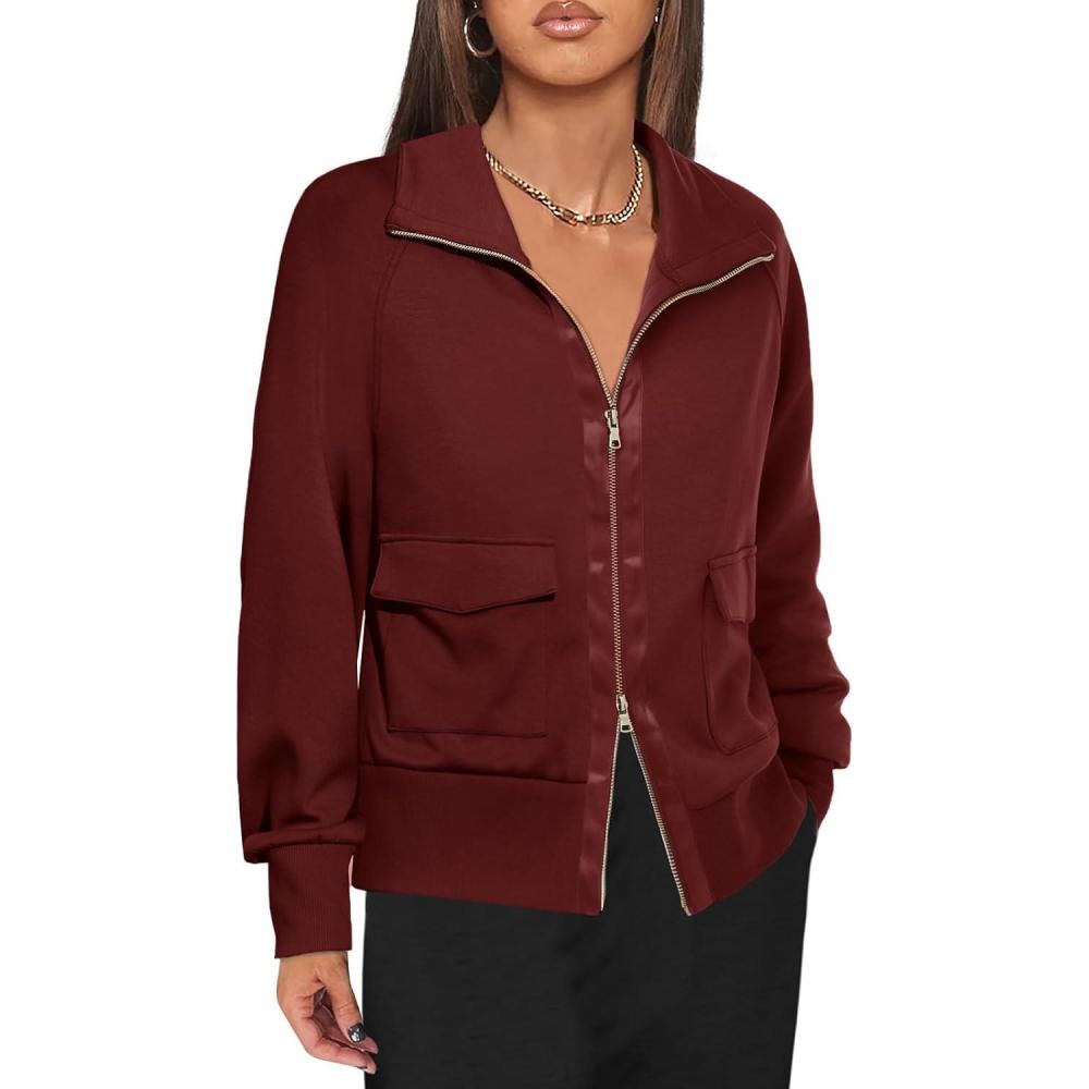 image:imageFisoew Womens Zip up Sweatshirt Collared Neck Long Sleeve Loose Casual Lightweight Jacket with PocketsBurgundy