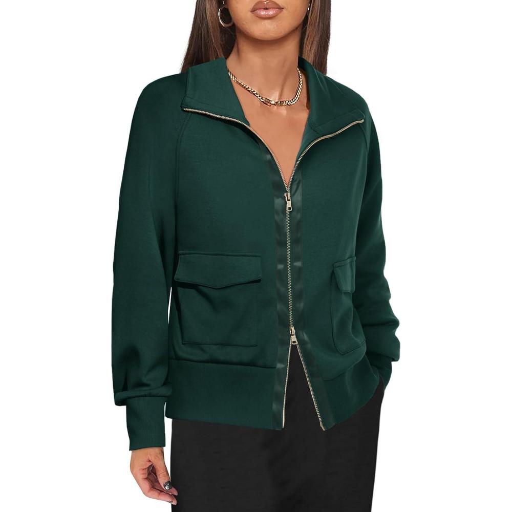 image:imageFisoew Womens Zip up Sweatshirt Collared Neck Long Sleeve Loose Casual Lightweight Jacket with PocketsGreendarker